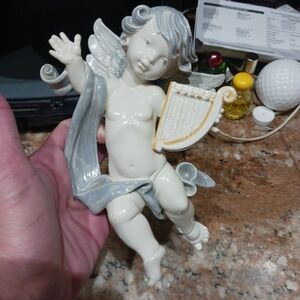 Vtg 8" Angel Cherub Girl Harp Hanging Wall Figure Made Italy Lord & Taylor NY